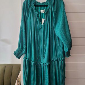 Emerald Green Anthropologie Drop Waist Silky Dress Date Night Dinner Party